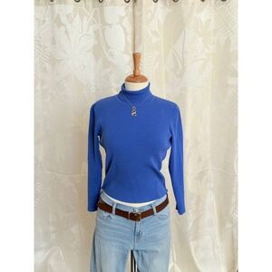 Cable & Gauge Petites Ribbed Turtleneck Sweater Blue Silk‎ Blend Size PL